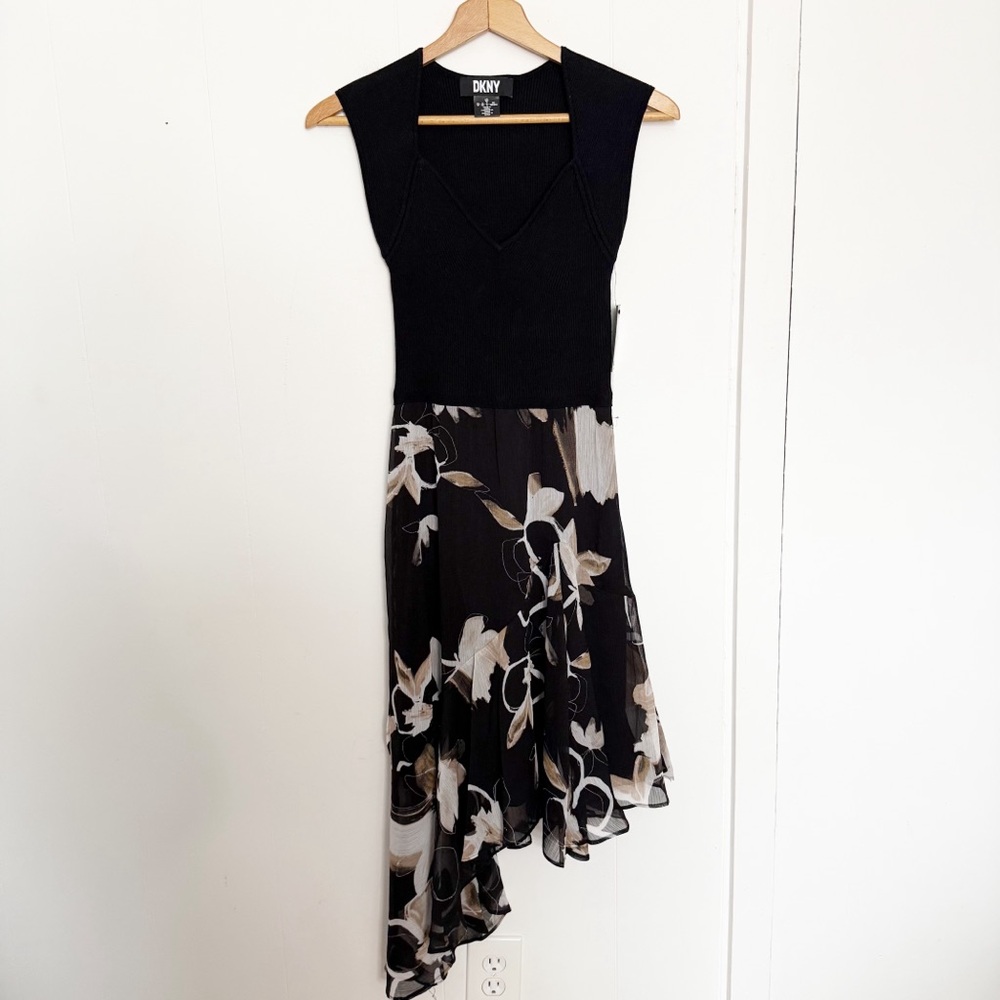DKNY Black‎ Ribbed Sweater Mixed Floral Dress NWT XS